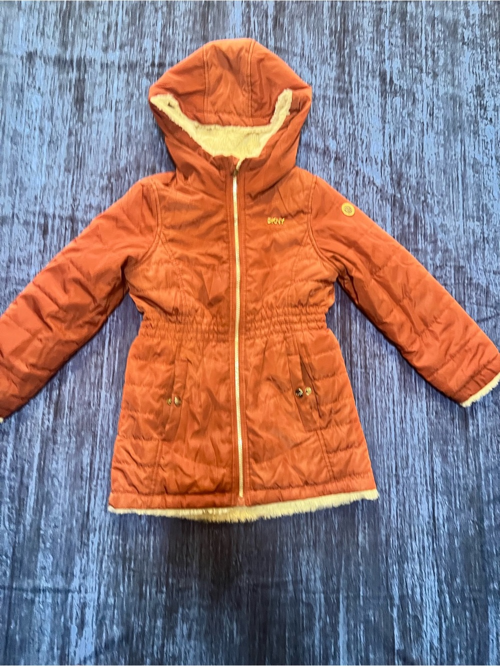 DKNY quilted zip-up jacket with a hooded, fleece-lined design for Kids